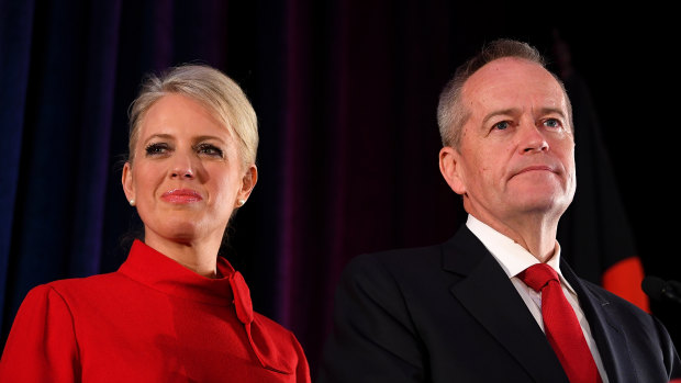 Bill Shorten, on stage with wife Chloe, conceding defeat.