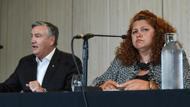 Collingwood president Eddie McGuire and Indigenous board member Jodie Sizer confront after media on Monday after the release the Do Better report into systemic racism at the club. 