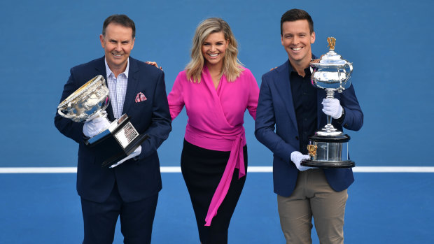 Tony Jones, Rebecca Maddern and James Bracey are the new faces of Channel Nine's tennis commentary team.