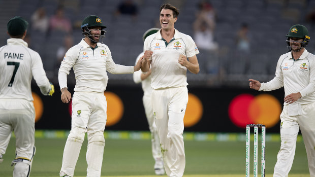 High and mighty: Australian bowler Pat Cummins celebrates after dismissing New Zealand batsman Colin de Grandhomme.