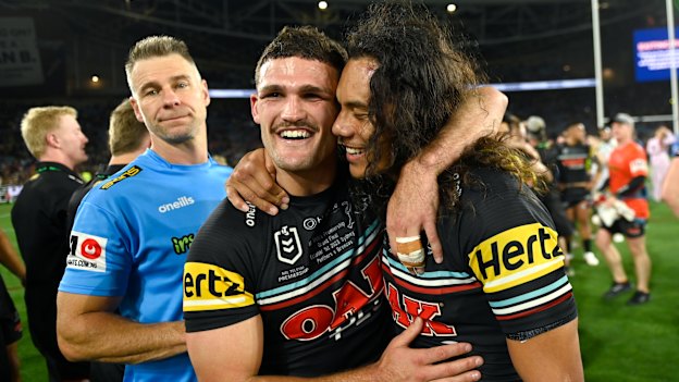 Nathan Cleary and Jarome Luai celebrate victory in last year’s grand final, their third straight premiership win together.