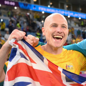 Aaron Mooy pictured celebrating Australia’s win over Denmark in the FIFA World Cup Qatar 2022.