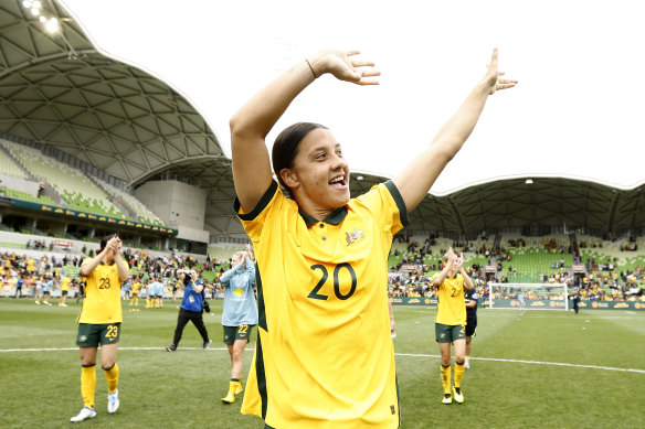 Sam Kerr laps up the love at AAMI Park the last time she was there with the Matildas.