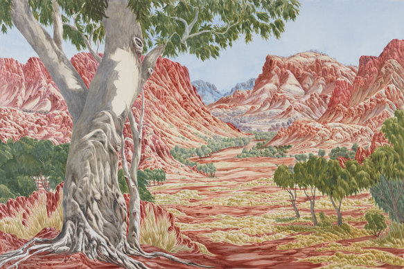 Defiantly non-realist: Hubert Pareroultja's 2020 Wynne Prize-winning painting 'Tjoritja (West MacDonnell Ranges, NT)'.  
