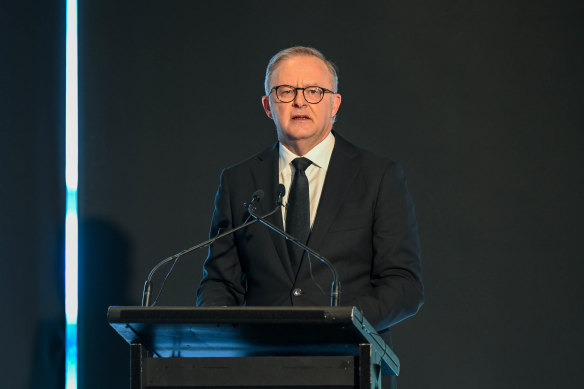 Prime Minister Anthony Albanese speaking at the memorial for Peta Murphy. 