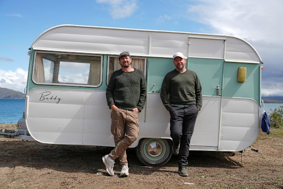 Colin Fassnidge and Manu Feildel with Betty the caravan in Off the Grid.