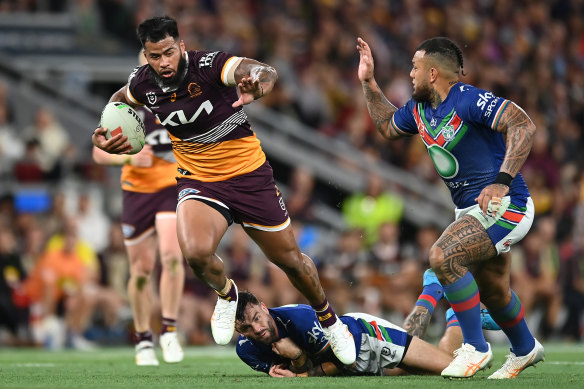 Payne Haas on the charge against the Warriors at Suncorp Stadium on Saturday.