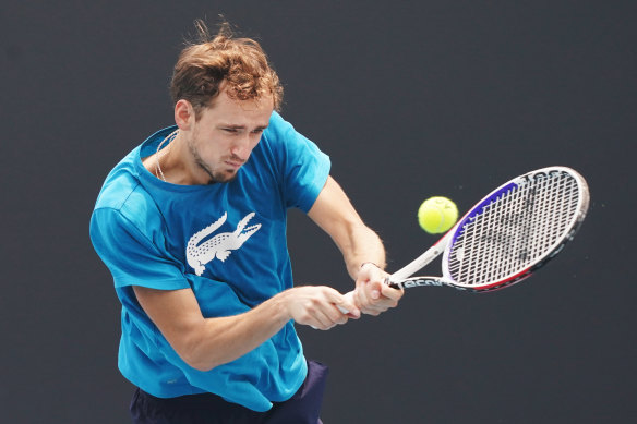 Daniil Medvedev practices ahead of the Australian Open starting on Monday.