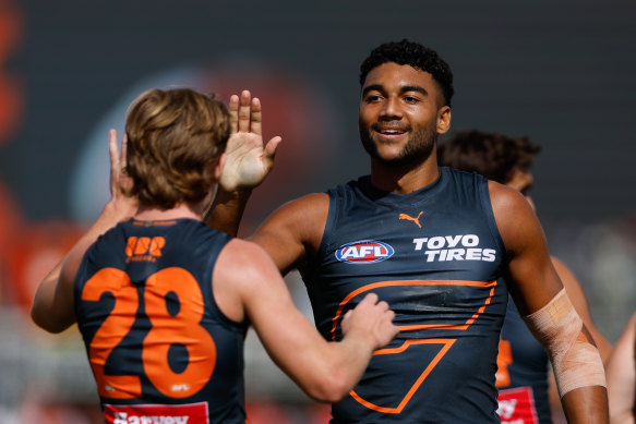 GWS celebrate a goal.