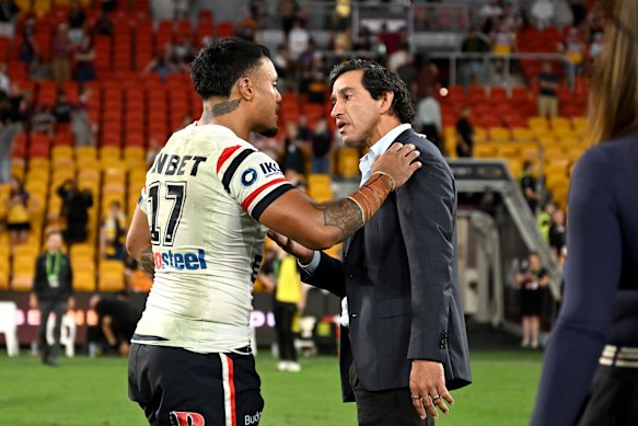 Spencer Leniu and Johnathan Thurston on Friday night.