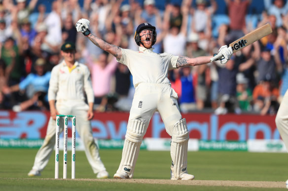 Ben Stokes celebrates victory after his stunning century at Headingley.