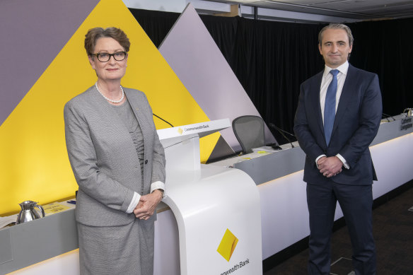 Chairman Catherine Livingstone and CEO Matt Comyn at the 2021 Commonwealth Bank online annual general meeting, where there was a 19% vote against a long-term incentive for the CEO
