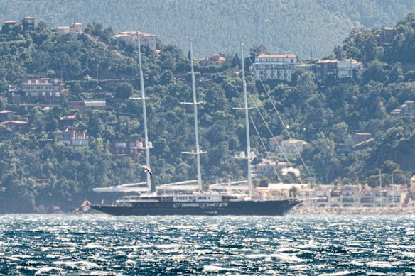 The Koru yacht owned by Amazon founder Jeff Bezos is seen moored in Theoule-sur-Mer on May 22 in Cannes, France.  