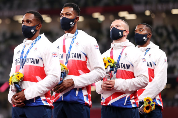 The silver medal-winning team (from left) of CJ Ujah, Zharnel Hughes, Richard Kilty and Nethaneel Mitchell-Blake.