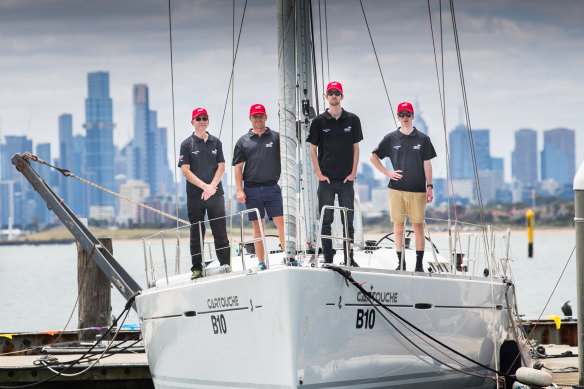 Melbourne to Devonport racers, Glen Merchant, Steven Fahey, Damon Fahey and Nick Fahey on their yacht Cartouche at the Royal Brighton Yacht Club.