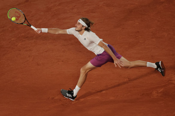 Stefanos Tsitsipas at full stretch in his third-round victory at Roland-Garros.