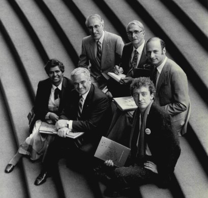 Announcement of winners of the “Pursuit of Excellence” awards by BHP at the Opera House by premier Neville Wran.
Margaret Valadian  (Community Services), Dr. Graham Clarke (at back, for Science and Technology), Milan Vynhalek (Rural Development), Dr. Leonard Webb (Environment), Peter Fritz (Commerce and Industry), and at front Robert Perrier (for Literature and Arts), August 22, 1985.