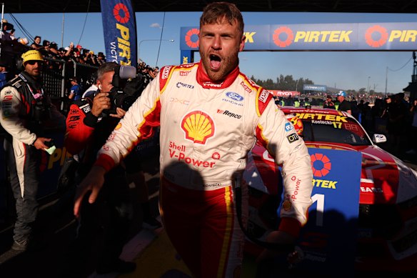 Brodie Kostecki celebrating his win Bathurst 1000, part of the 2026 Supercars Championship.