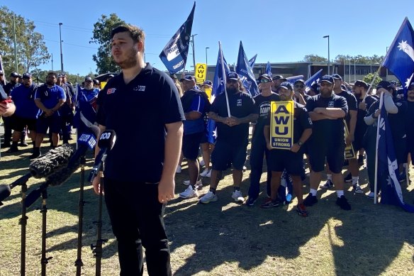 AWU spokesman Joseph Kaiser and protesting staff outside Brisbane’s youth prisons on Thursday.