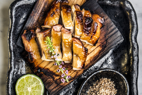 Grilled and marinated chicken thigh with sugiita at Bincho.