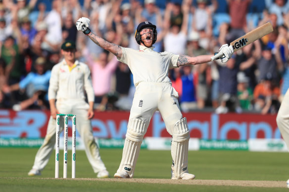 Ben Stokes celebrates victory after his stunning century at Headingley.