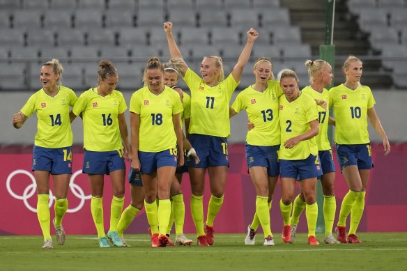Sweden’s Stina Blackstenius celebrates after scoring her nation’s second goal against the USA.