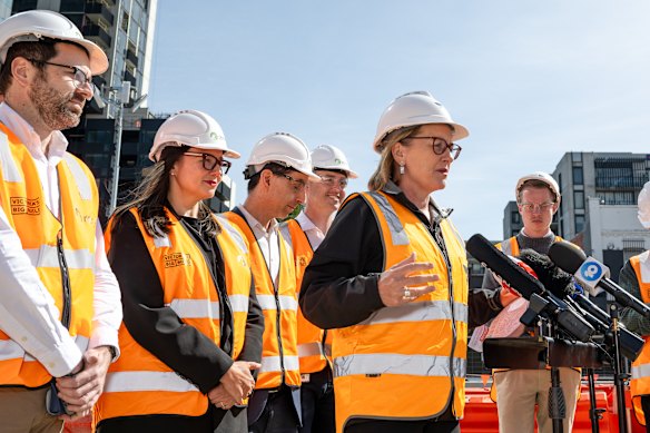 Victoria Premier Jacinta Allan at a Suburban Rail Loop construction site in March last year.