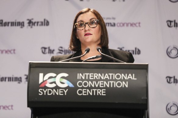 Sarah Mitchell, Minister for Education and Early Childhood Learning, speaks at The Sydney Morning Herald Schools Summit held at the ICC in Sydney on Wednesday.