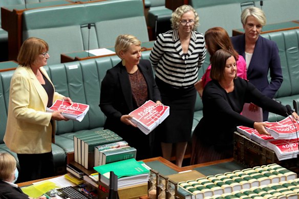 Shadow Education Minister and Shadow Minister for Women Tanya Plibersek (far right) with colleagues tables a petition from the March 4 Justice protest in the House of Representatives.