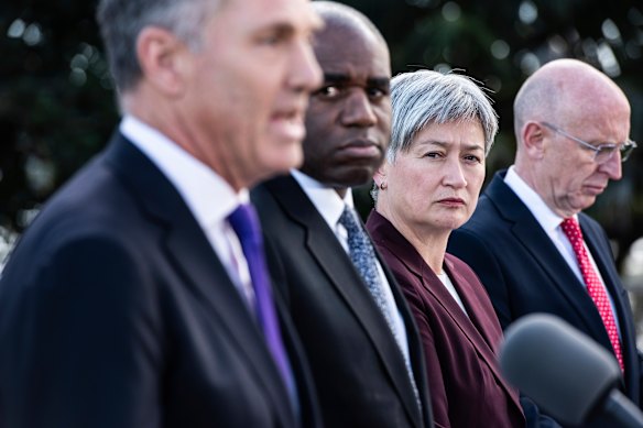 Defence Minister Richard Marles, UK Foreign Secretary David Lammy, Foreign Minister Penny Wong and UK Defence Secretary John Healey at Admiralty House in Kirribilli, Sydney on Friday.