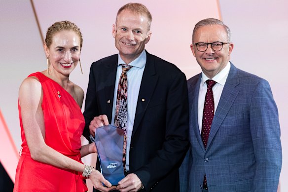 Prime Minister Anthony Albanese with 2024 Australians of the Year, professors Georgina Long and Richard Scolyer.