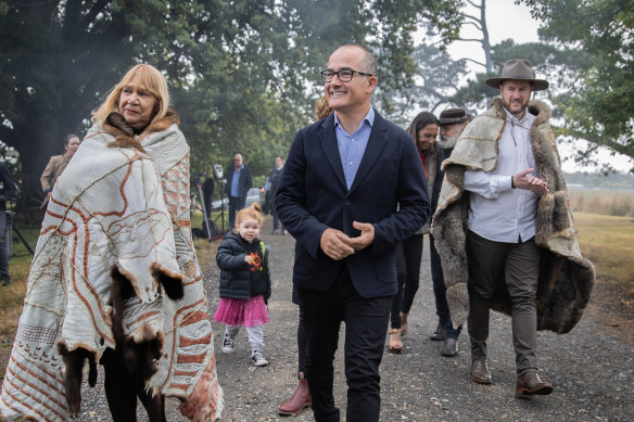 Aunty Geraldine Atkinson of the First Peoples’ Assembly with acting Premier James Merlino and (right) Marcus Stewart at the launch of the Yoo-rrook Justice Commission in Coranderrk, Victoria, on Tuesday.