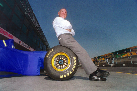 Stirling Moss who won in Melbourne during the 1950s against the likes of Jack Brabham takes in the new circuit at Albert Park in 1996.