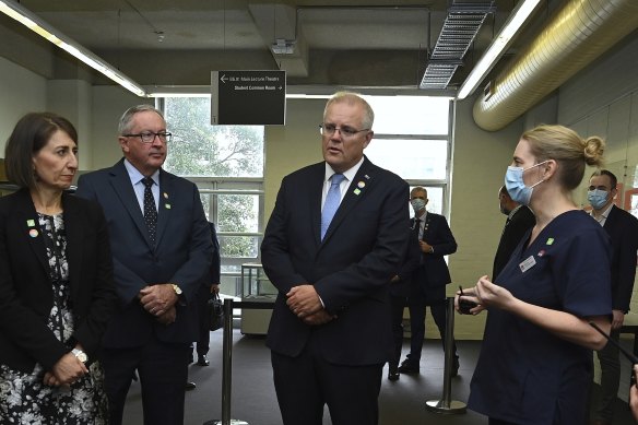 Prime Minister Scott Morrison on a tour of Sydney’s Royal Prince Alfred Hospital with NSW Premier Gladys Berejiklian and NSW Health Minister Brad Hazzard.