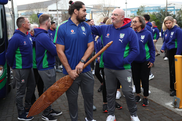 Warriors captain Tohu Harris (left) and CEO Cameron George (right) during the club’s welcome home ceremony.