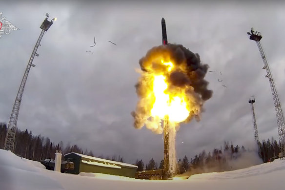 Footage provided by the Russian Defence Ministry on February 19, 2022, shows a Yars intercontinental ballistic missile being launched during military drills. Russian President Vladimir Putin has signalled his readiness to use nuclear weapons to protect the country’s territory.