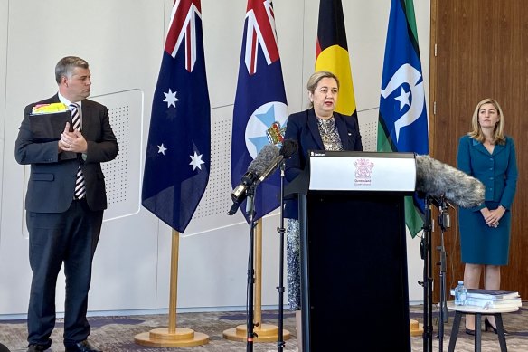 Premier Annastacia Palaszczuk on Monday flanked by Police Minister Mark Ryan and Attorney-General Shannon Fentiman.