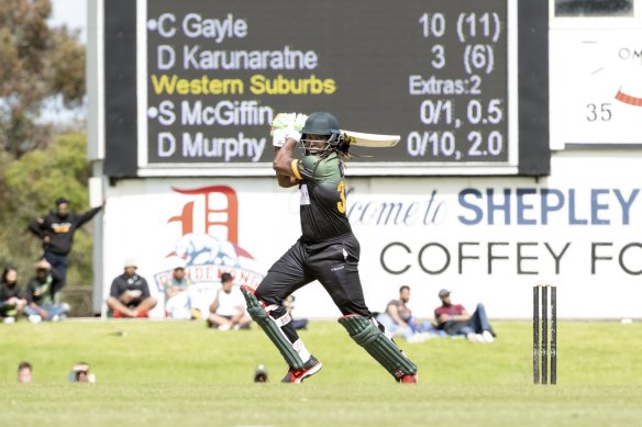 Chris Gayle in full flight for Endeavour Hills.