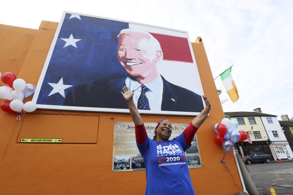 Beryl McCrainey Slevin, originally from California, celebrates Joe Biden in Ballina, Ireland, his ancestral home.