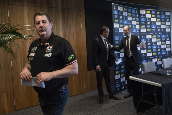 Ross Lyon on the day he was announced as Saints coach, with Simon Lethlean in the background.