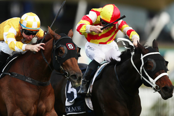 James McDonald drives Word For Word home on the outside of Bound To Win at Rosehill on Saturday.