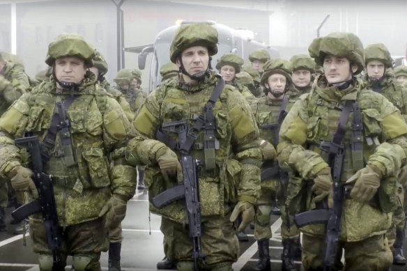 Russian recruits stand prior to their military training at the Patriot Park outside in Moscow, earlier this month.