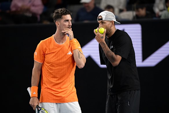 Australian stars Nick Kyrgios and Thanasi Kokkinakis in action against countrymen Jason Kubler and Marc Polmans.
