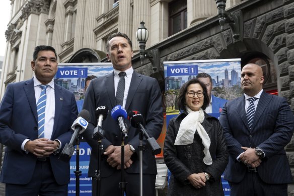 The “Team Kouta” ticket for the City of Melbourne elections comprises (from left) Intaj Khan, Anthony Koutoufides, Gladys Liu and Zaim Ramani.