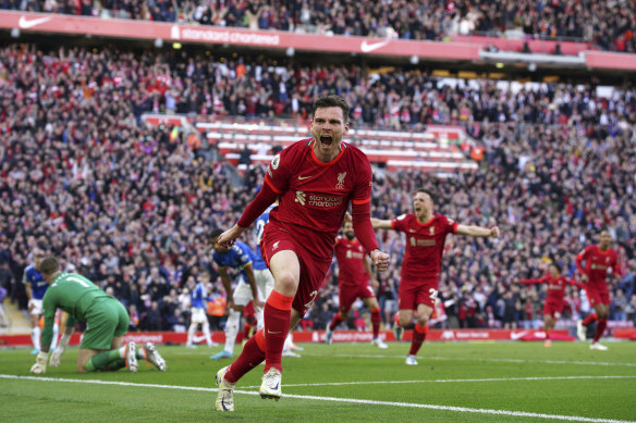 Andrew Robertson scored Liverpool’s first goal against Everton at Anfield on Sunday.