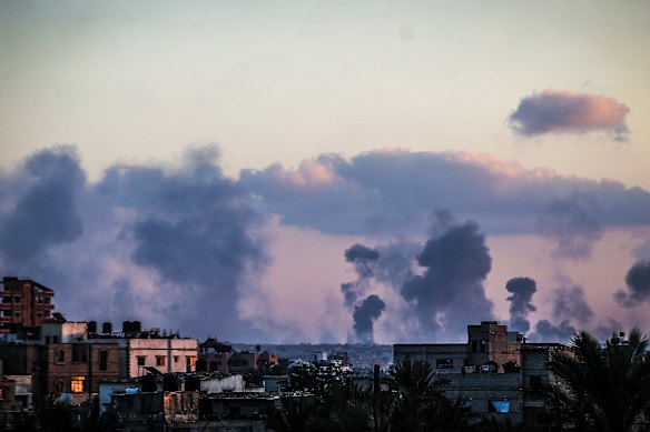 Smoke rises following Israel’s strikes on Khan Younis, a city in southern Gaza, on Sunday.