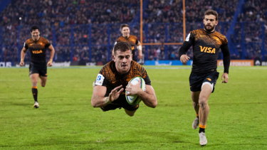 In full flight: Emiliano Boffelli scores against the Brumbies.