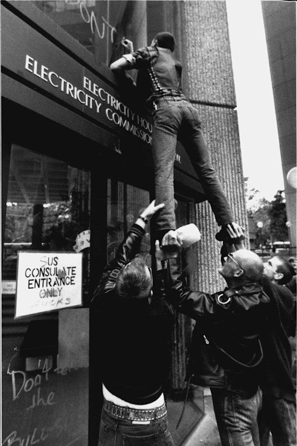 AIDS activists demonstrate outside the US Consulate.