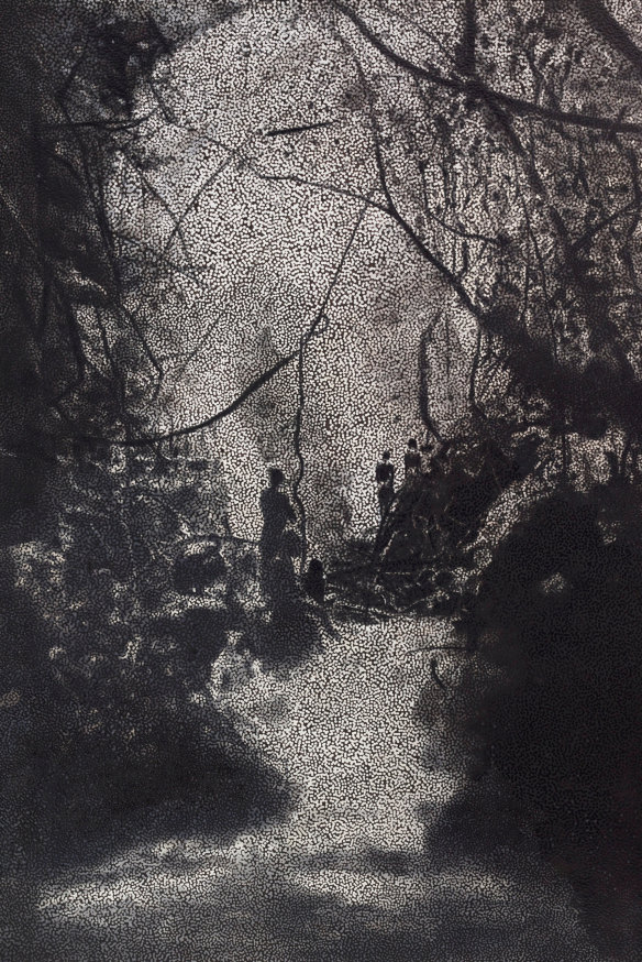 Daniel Boyd’s Untitled (PW), oil, pastel and archival glue on canvas. The painting, highlighting Boyd’s signature lens work, won him the Bulgari Art Award in 2014.