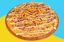 Pizza topped with bacon, cheese, French fries and mayonnaise.